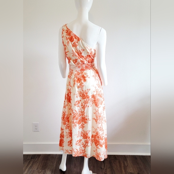 NWOT Zara One Shoulder Lined Belted Tropical Orange Print Midi Dress Sz XL - Picture 4 of 9